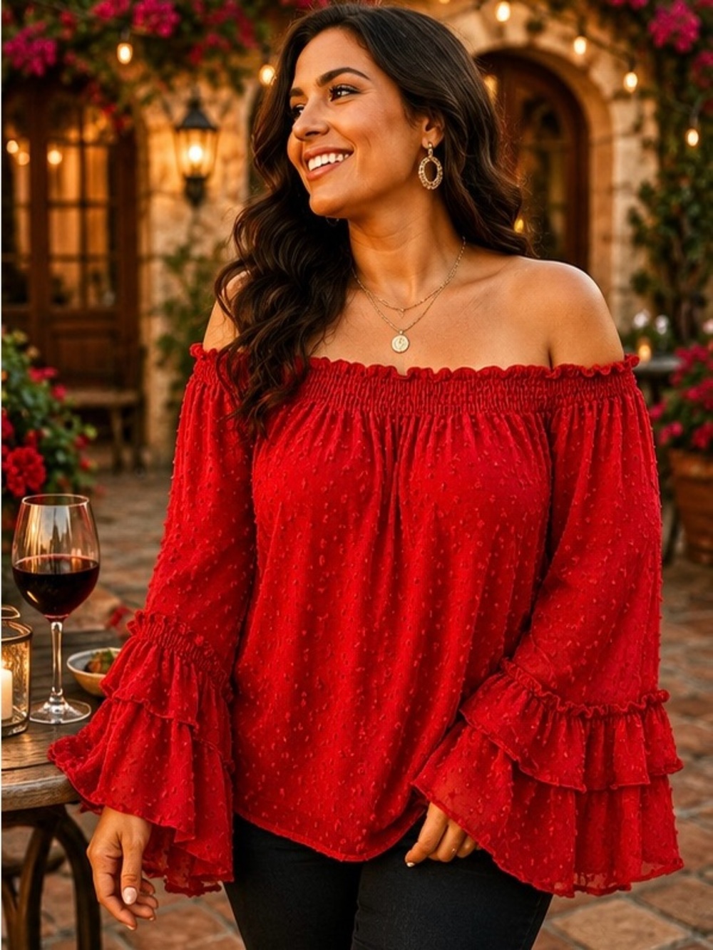 Cato Red Swiss Dot Off Shoulder Bell Sleeve Blouse Plus 18/20W